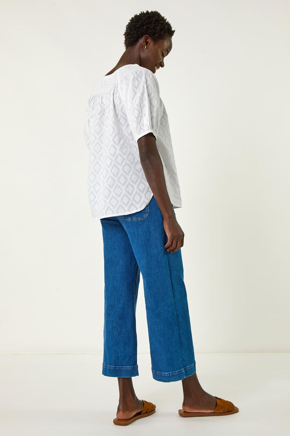 Roman Ivory Shirred Neck Textured Top