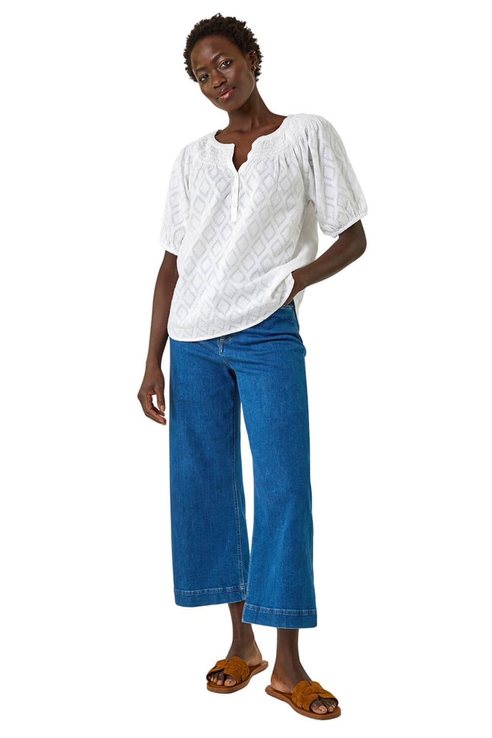 Roman Ivory Shirred Neck Textured Top