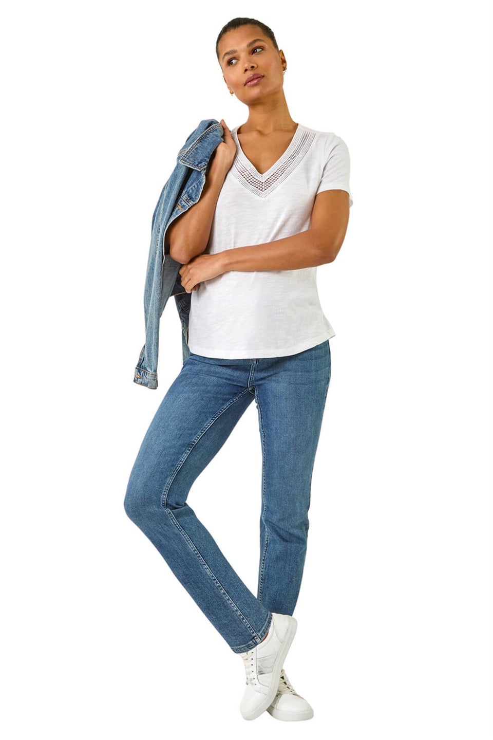 Roman Ivory Sequin Trim V Neck Stretch Top
