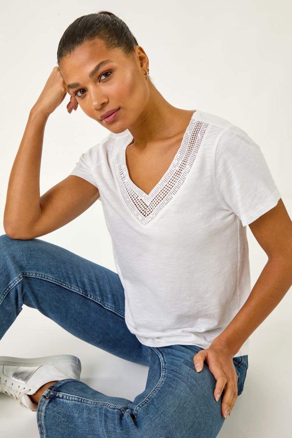 Roman Ivory Sequin Trim V Neck Stretch Top
