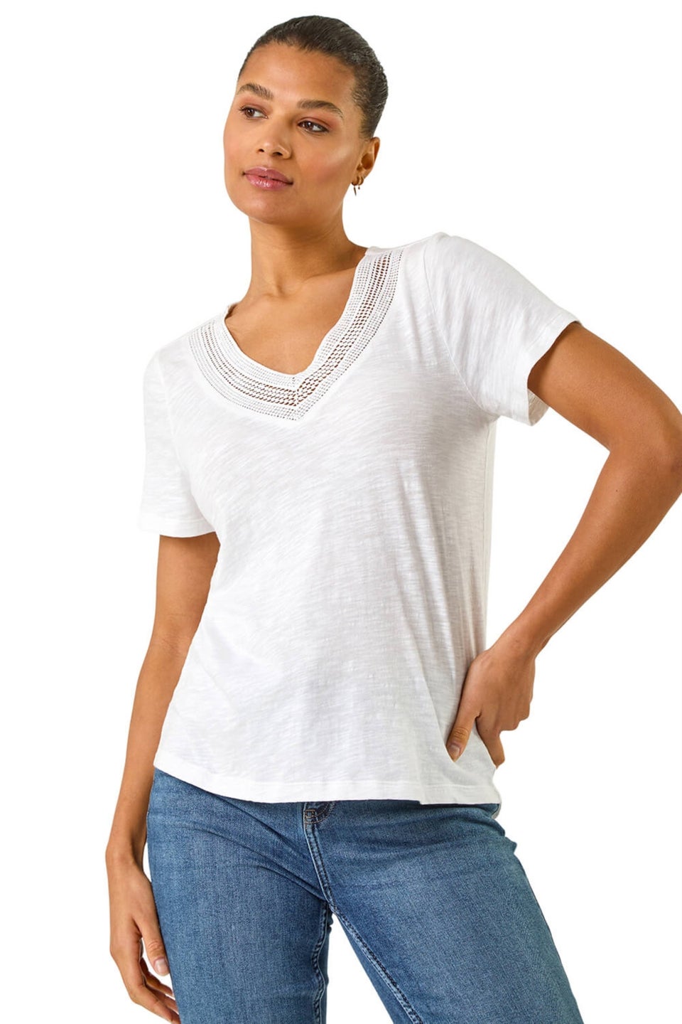 Roman Ivory Sequin Trim V Neck Stretch Top