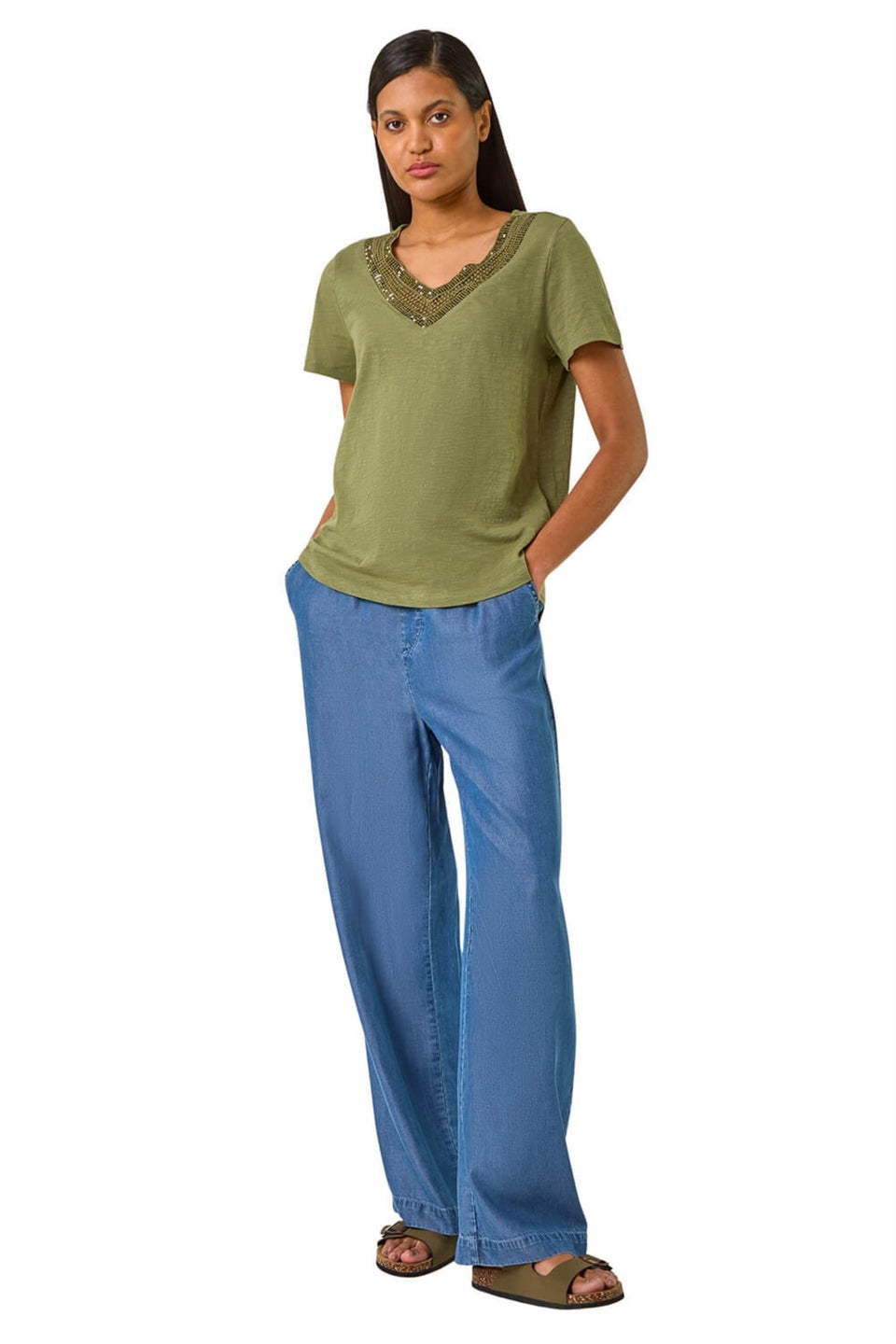 Roman Khaki Sequin Trim V Neck Stretch Top