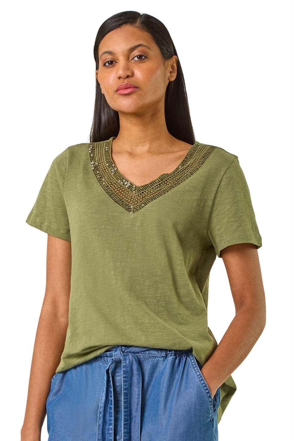Roman Khaki Sequin Trim V Neck Stretch Top