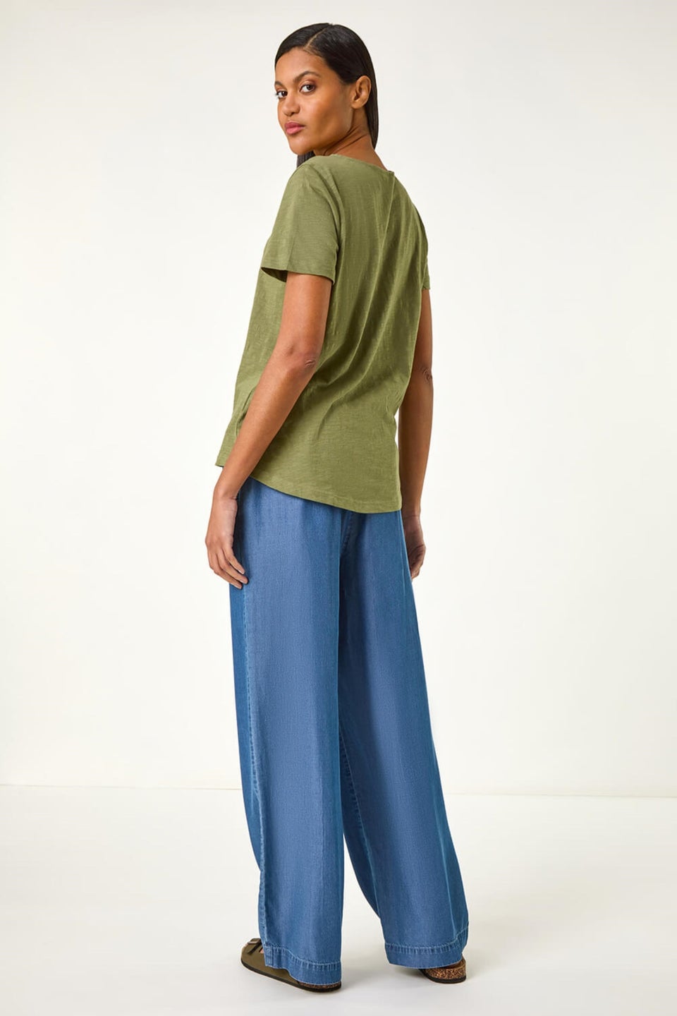 Roman Khaki Sequin Trim V Neck Stretch Top
