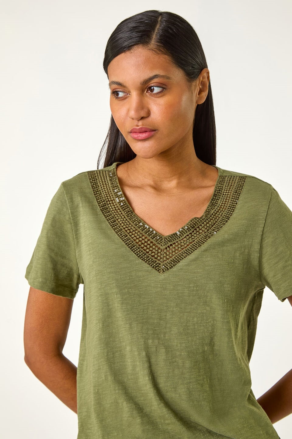 Roman Khaki Sequin Trim V Neck Stretch Top