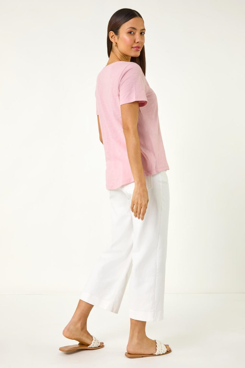 Roman Light Pink Sequin Trim V Neck Stretch Top
