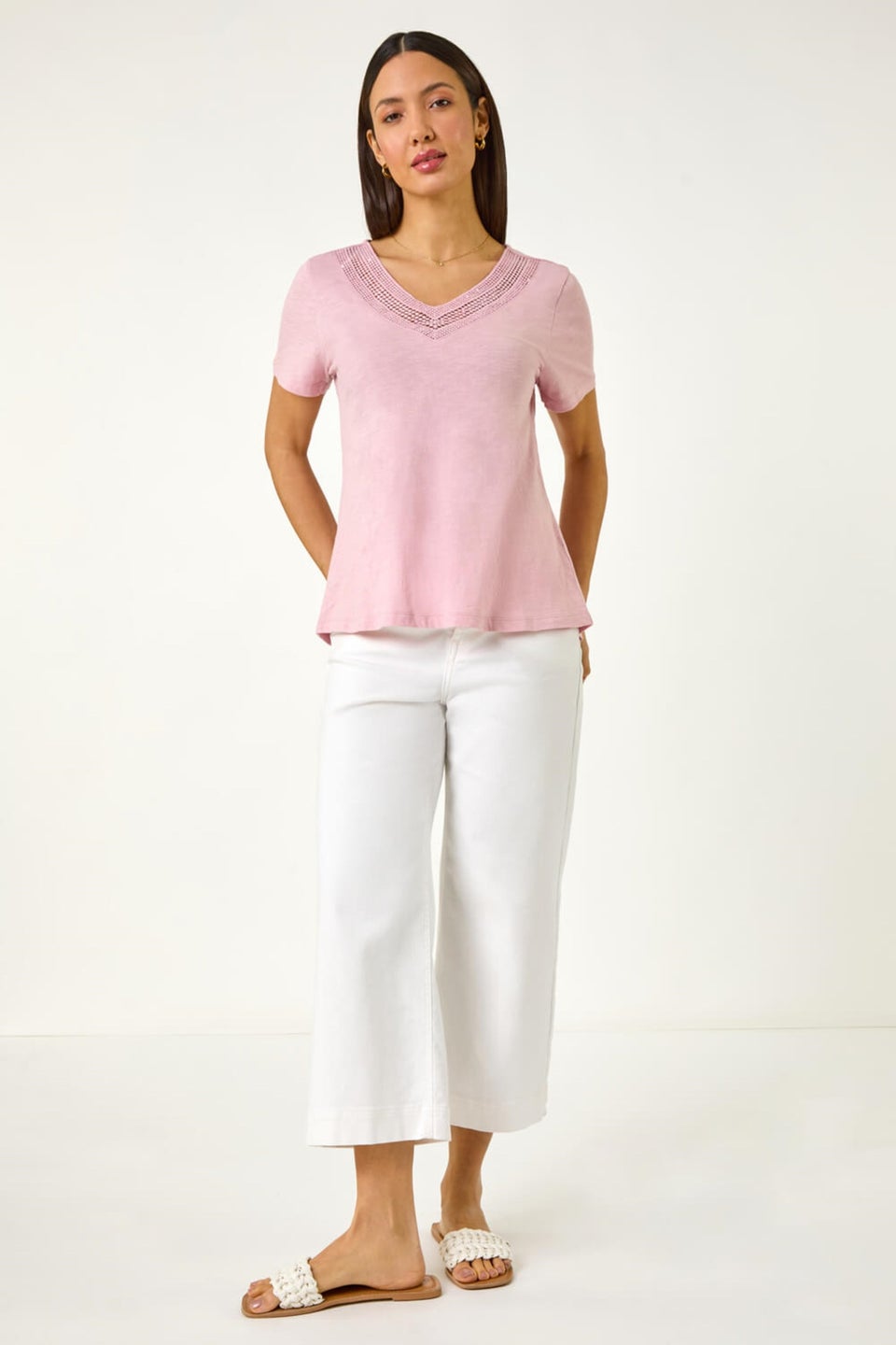 Roman Light Pink Sequin Trim V Neck Stretch Top