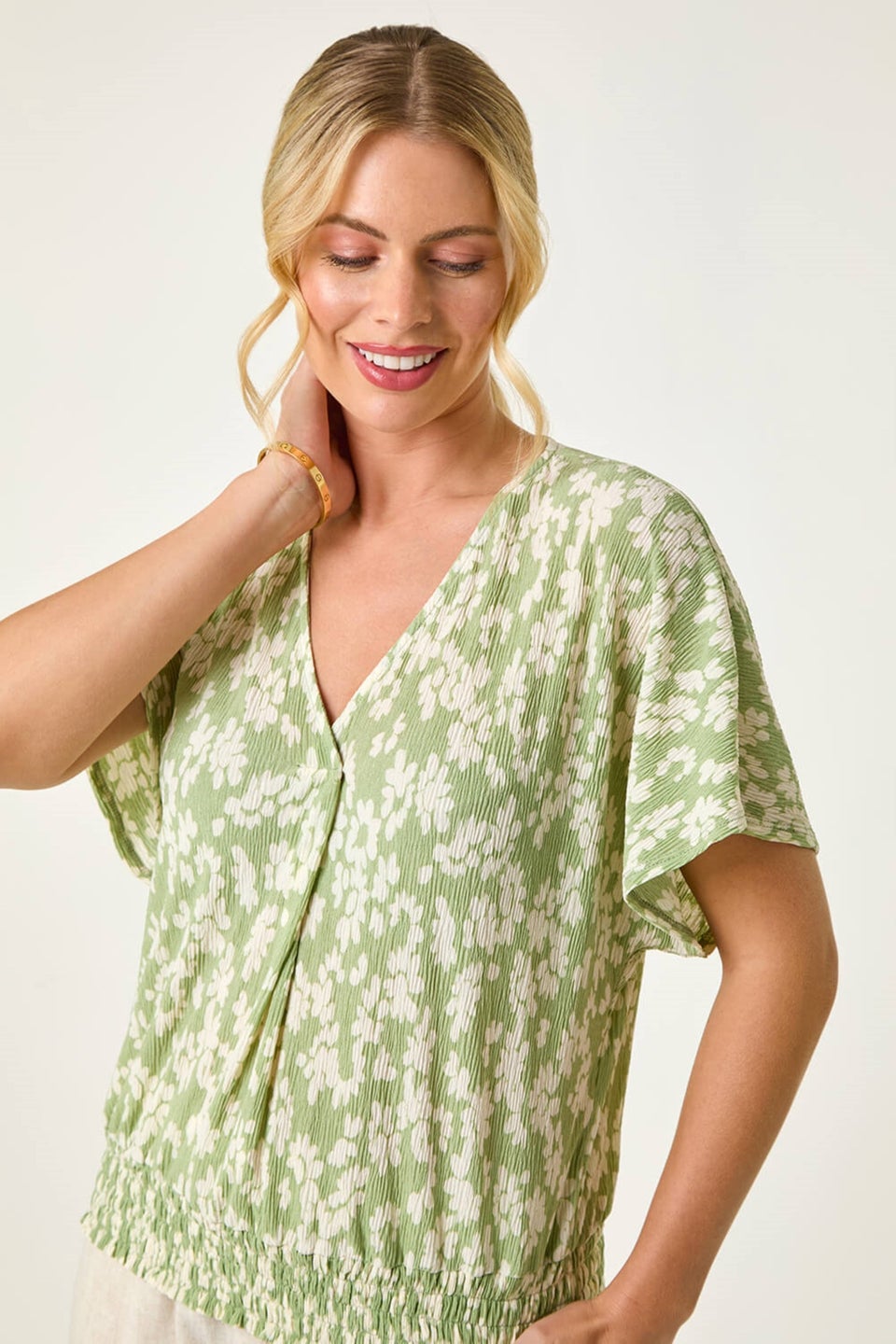 Roman Sage Petite Floral Print Crinkle Blouson Top