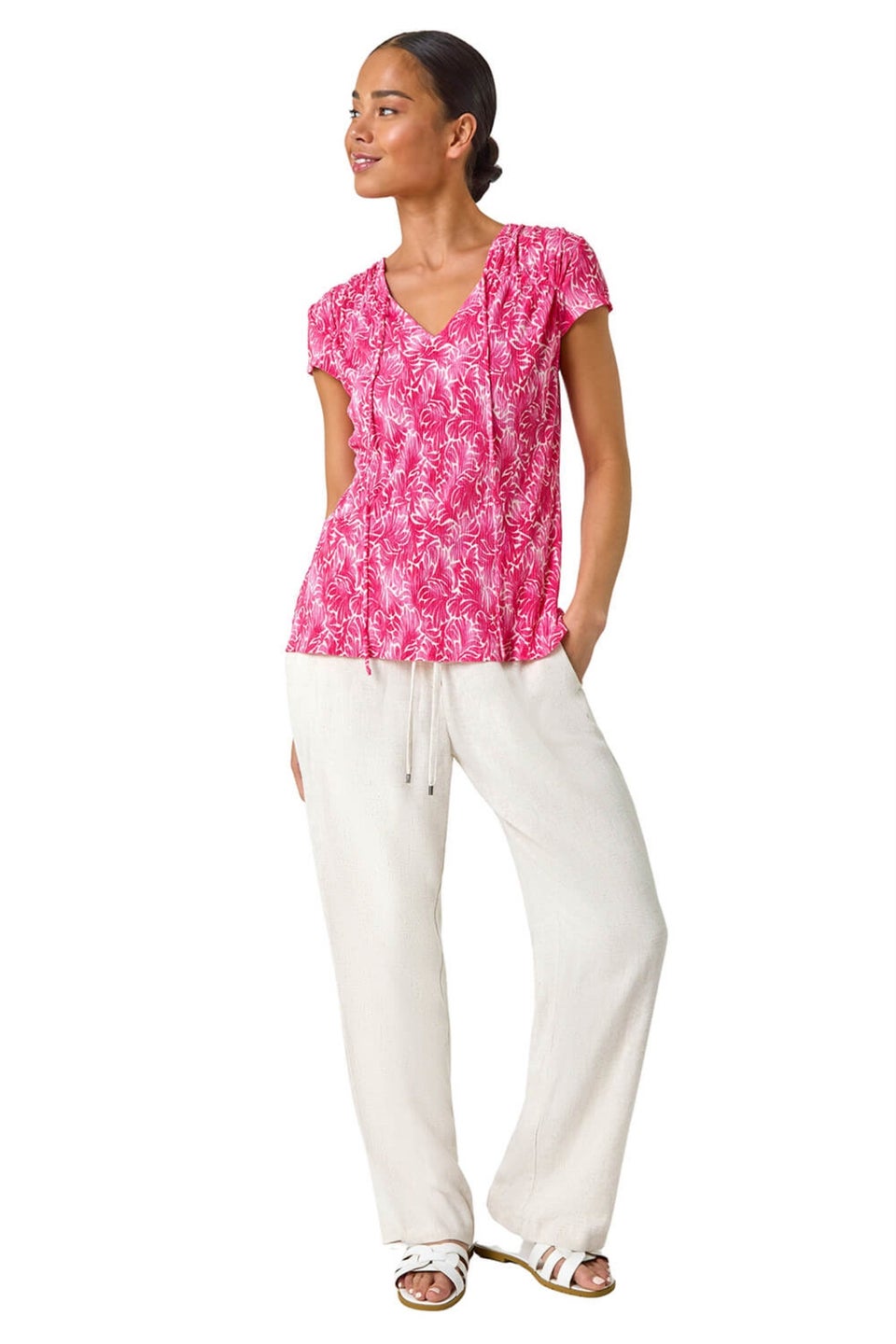 Roman Pink Petite Abstract Print Crinkle V Neck Top