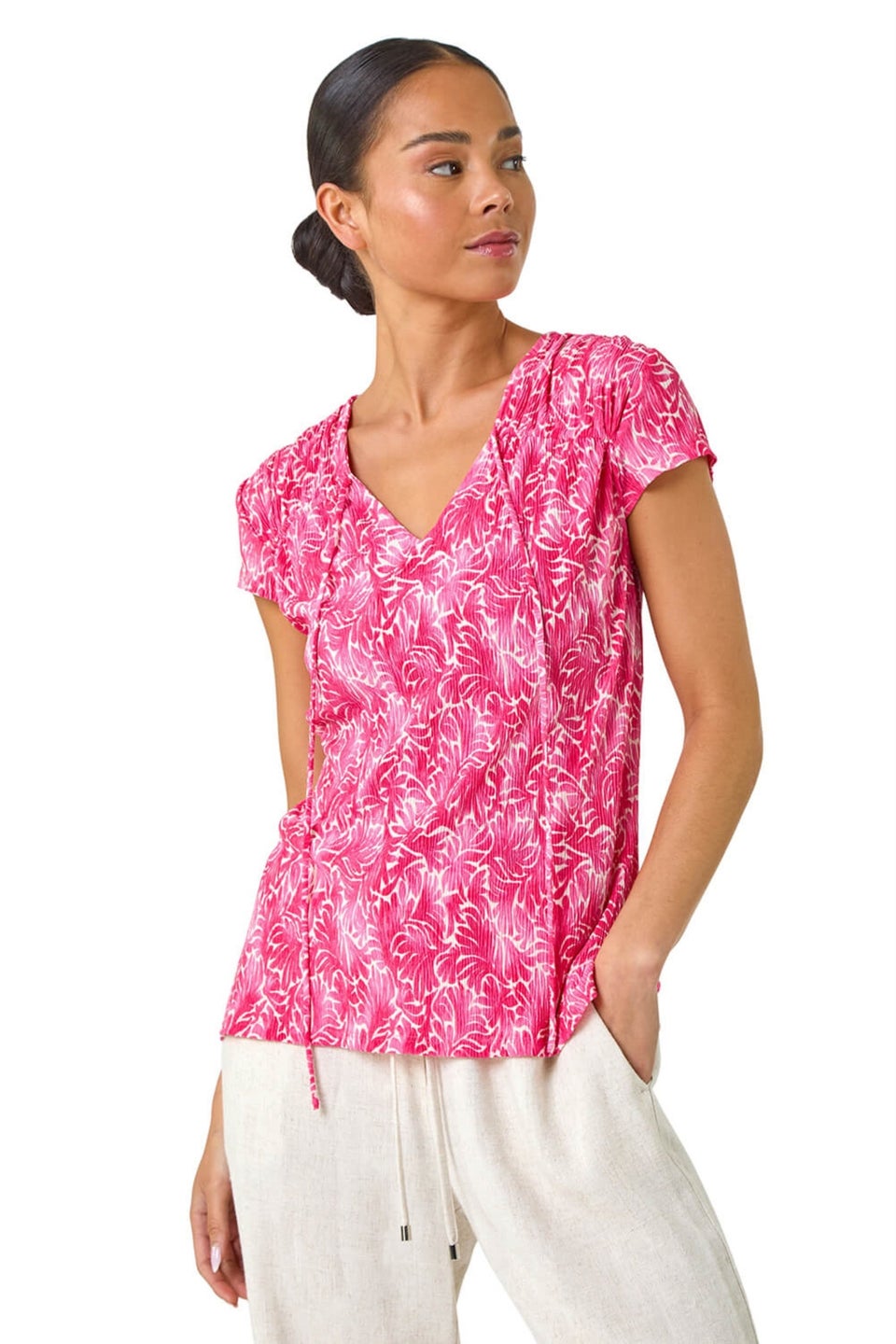Roman Pink Petite Abstract Print Crinkle V Neck Top