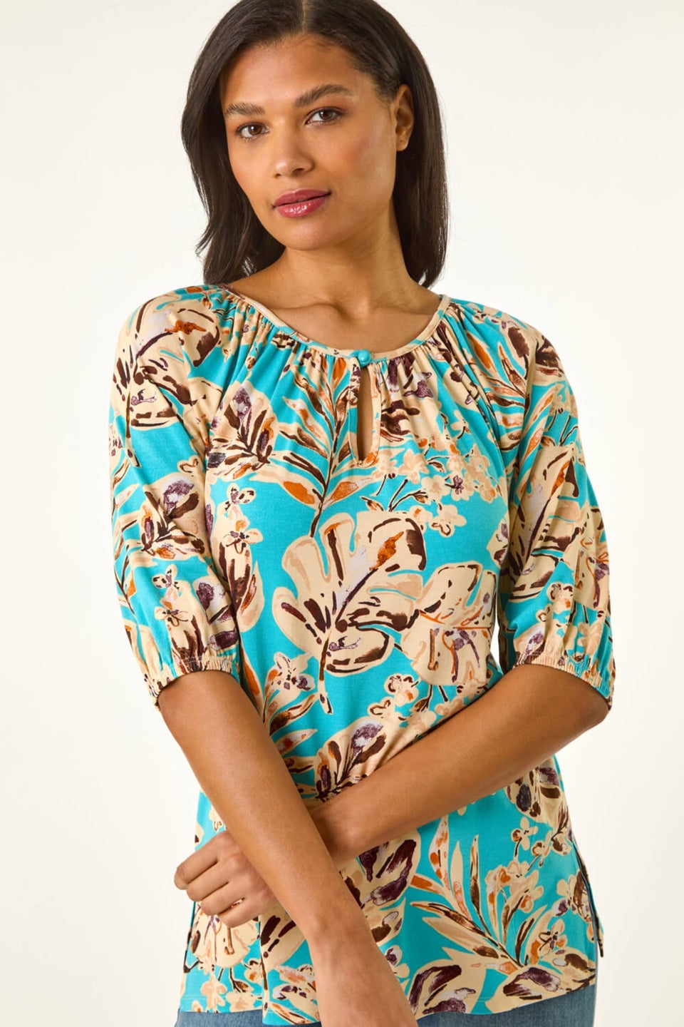 Roman Blue Floral Printed Keyhole Front Stretch Top