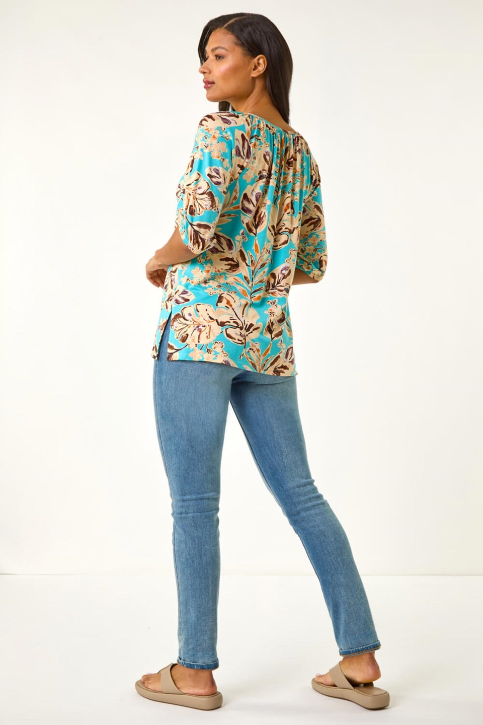 Roman Blue Floral Printed Keyhole Front Stretch Top