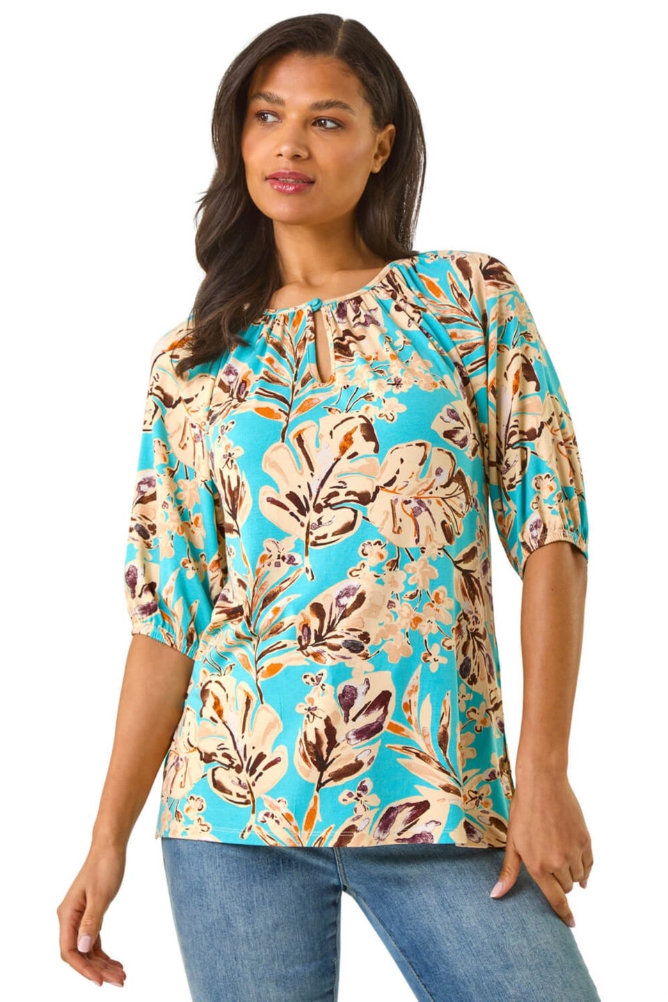 Roman Blue Floral Printed Keyhole Front Stretch Top