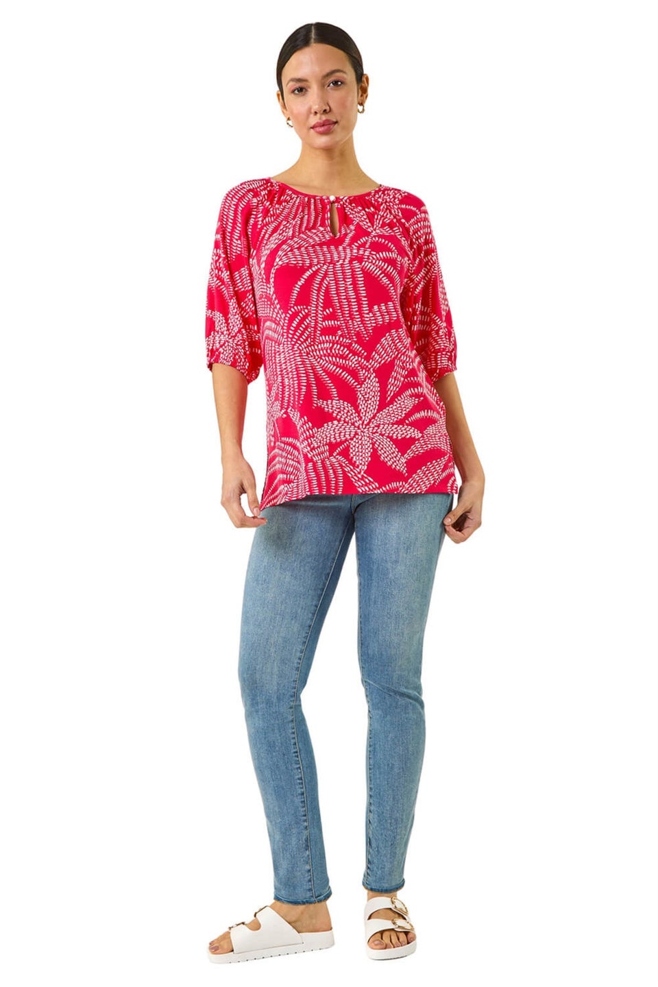 Roman Red Printed Keyhole Front Stretch Top
