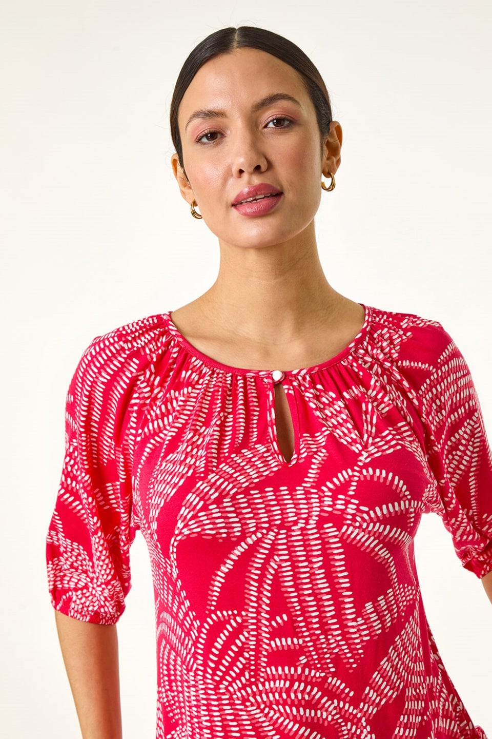 Roman Red Printed Keyhole Front Stretch Top