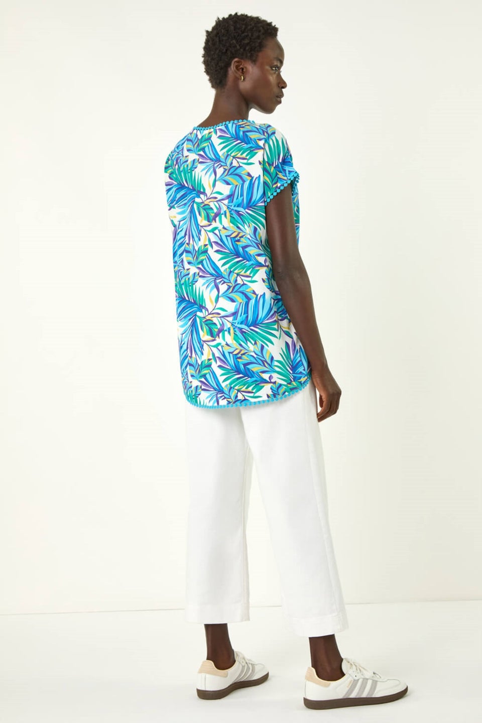 Roman Blue Tropical Leaf Bobble Trim Top
