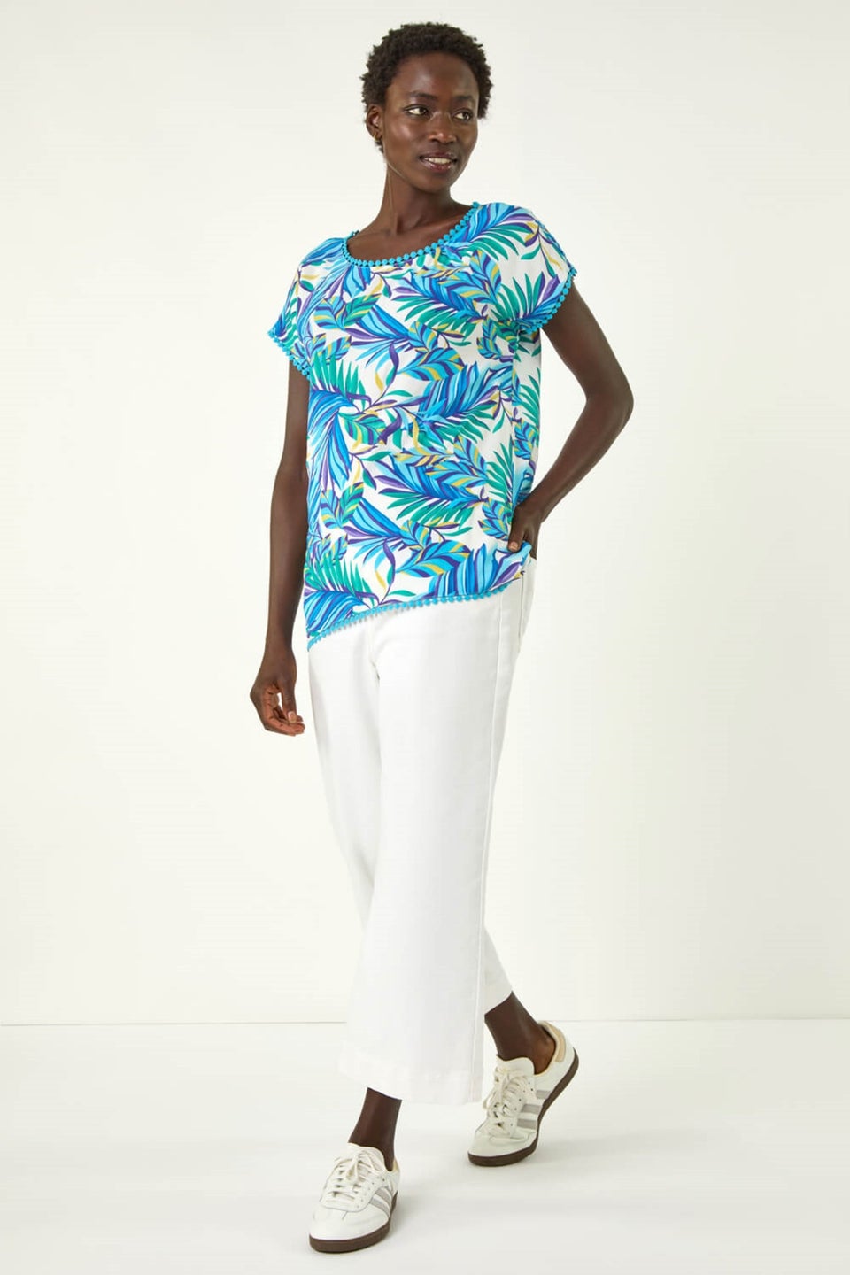 Roman Blue Tropical Leaf Bobble Trim Top