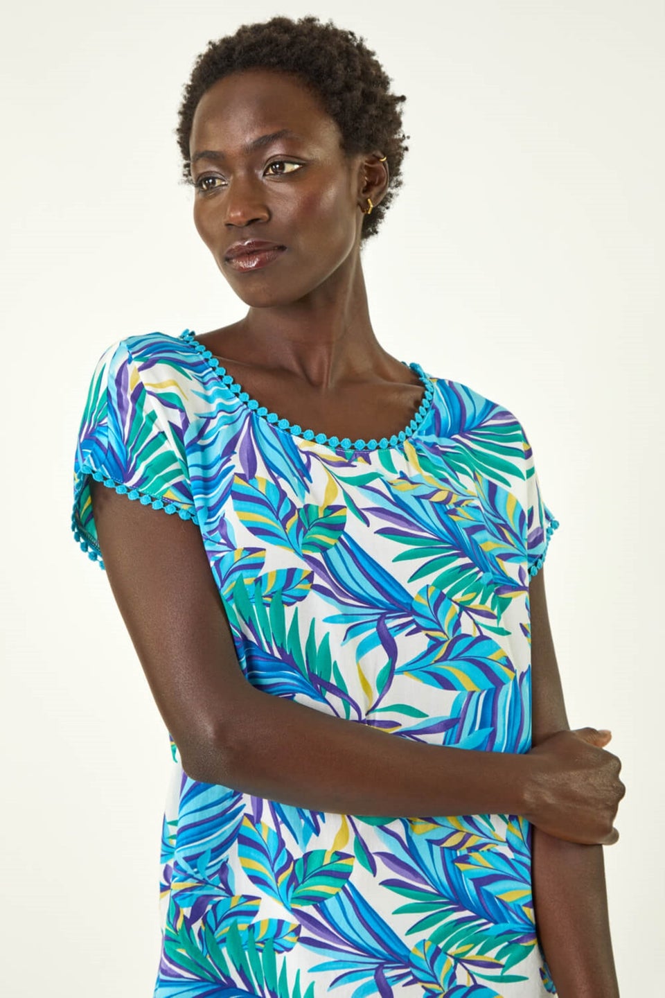 Roman Blue Tropical Leaf Bobble Trim Top