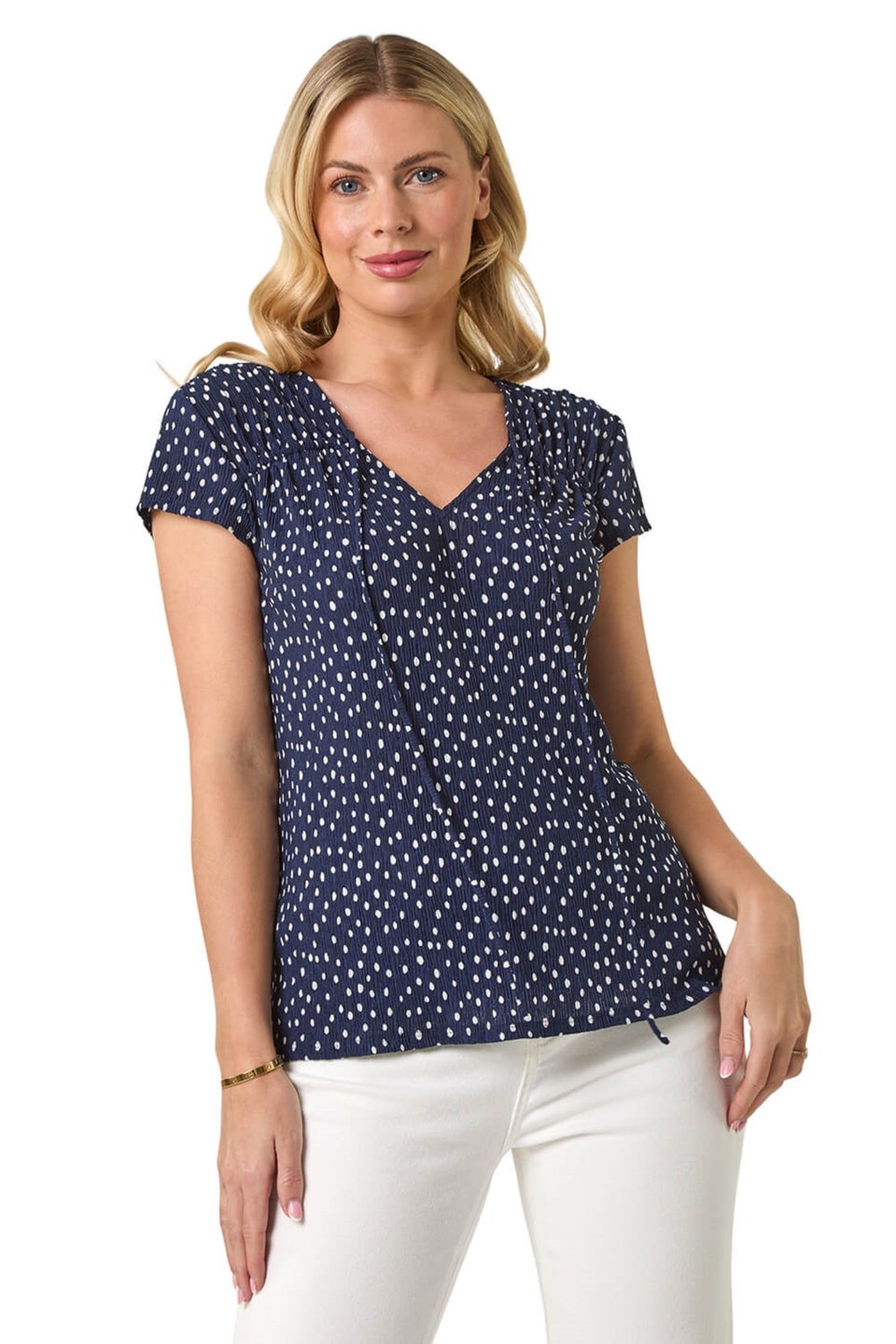 Roman Navy Petite Spot Print Crinkle V Neck Top