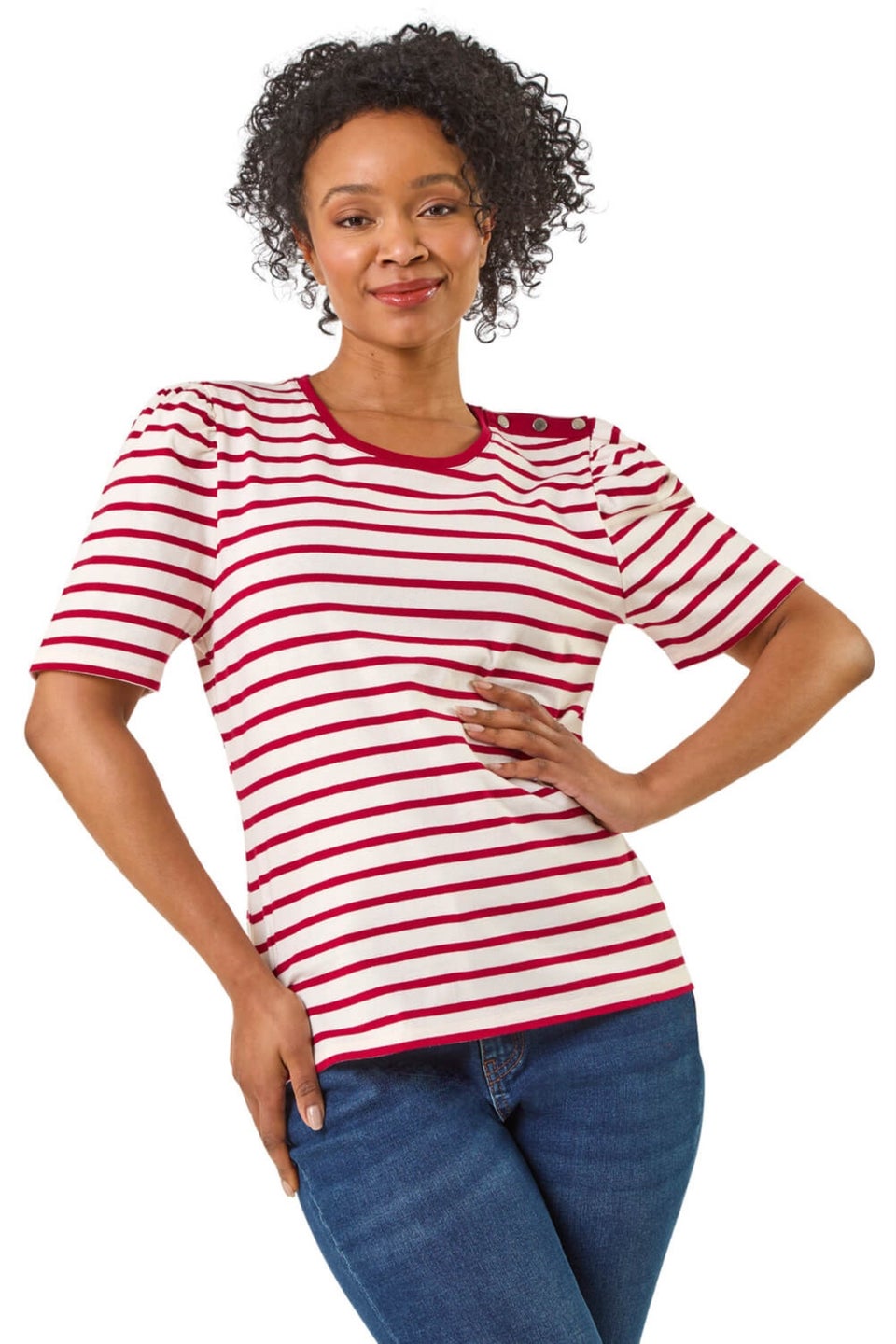 Roman Red Petite Stripe Ruched Sleeve Top