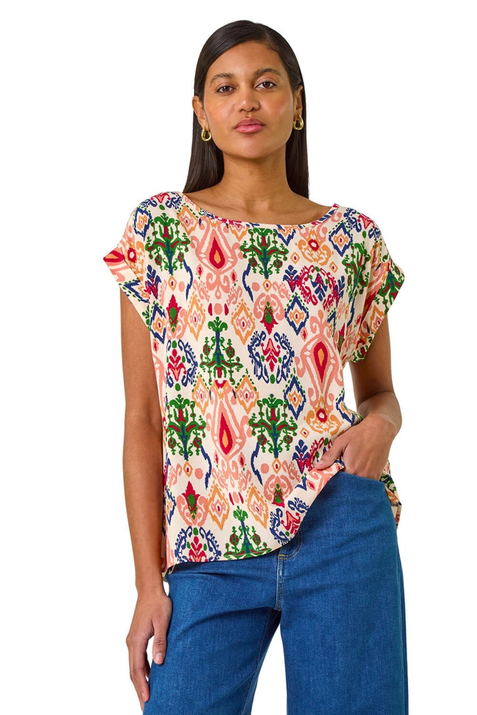 Roman Peach Abstract Print Cuff Sleeve Top