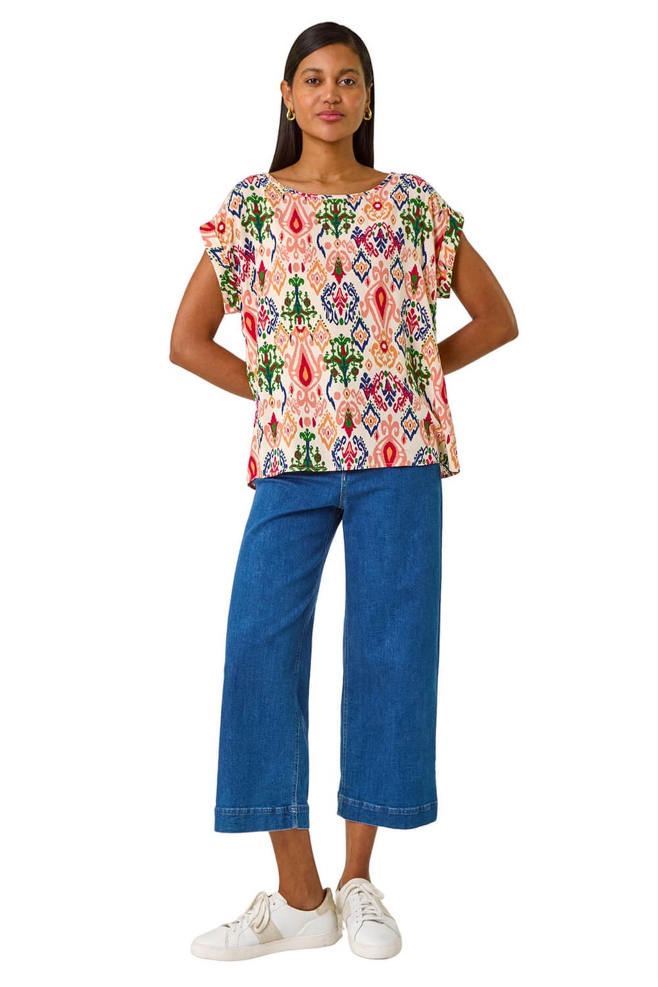 Roman Peach Abstract Print Cuff Sleeve Top