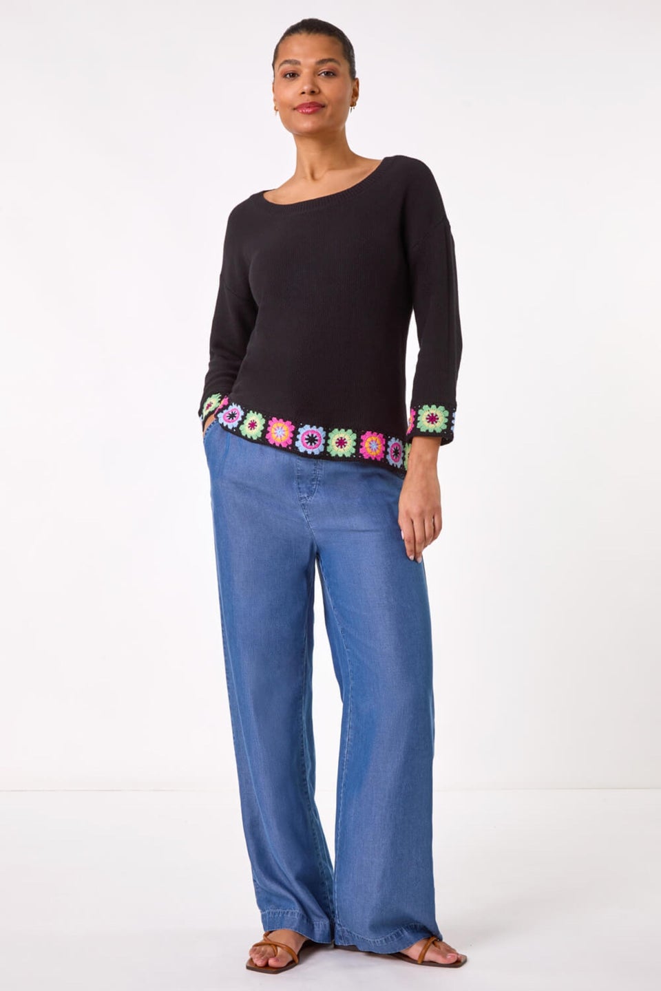 Roman Black Floral Crochet Hem Cotton Jumper