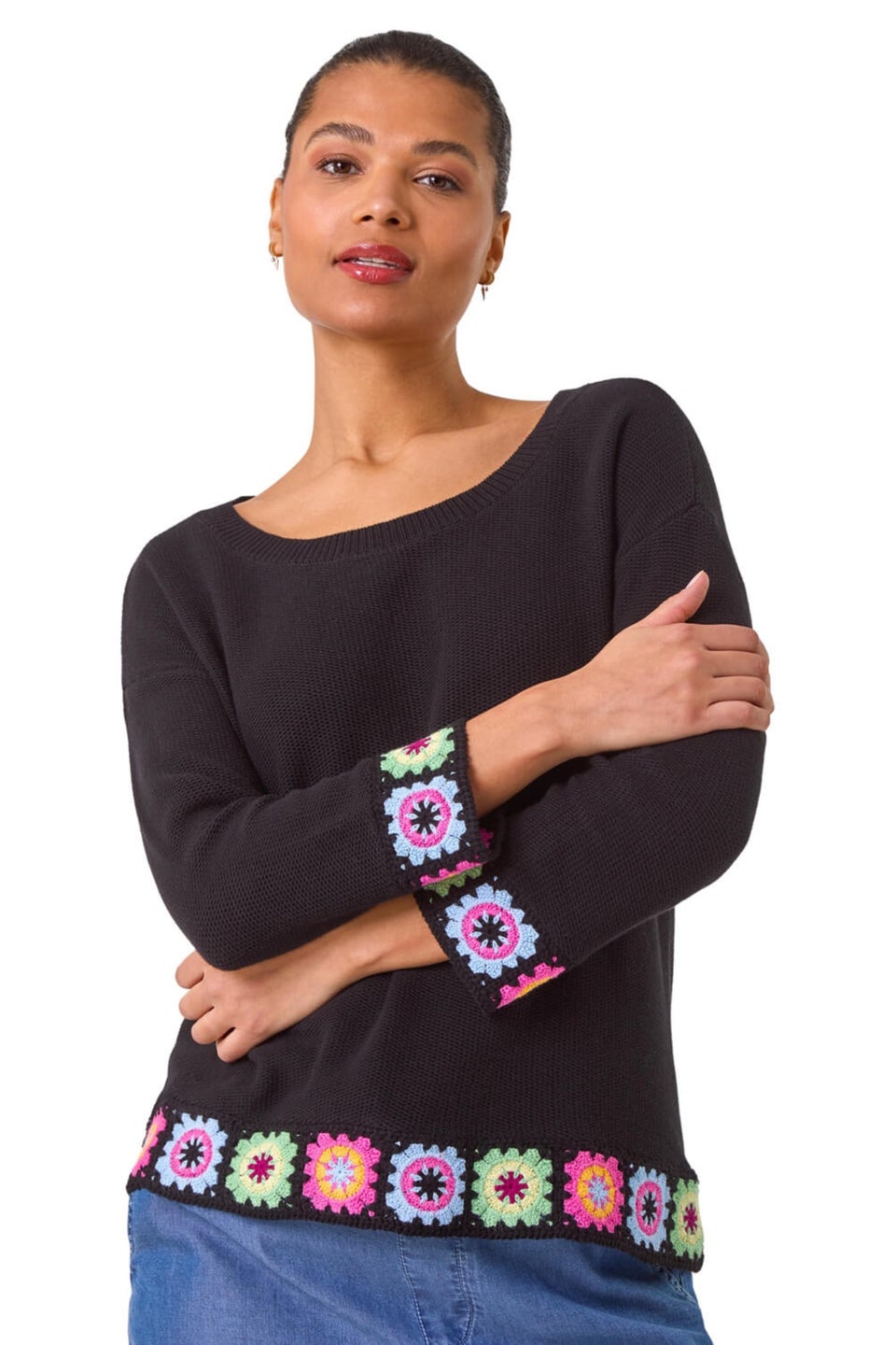 Roman Black Floral Crochet Hem Cotton Jumper