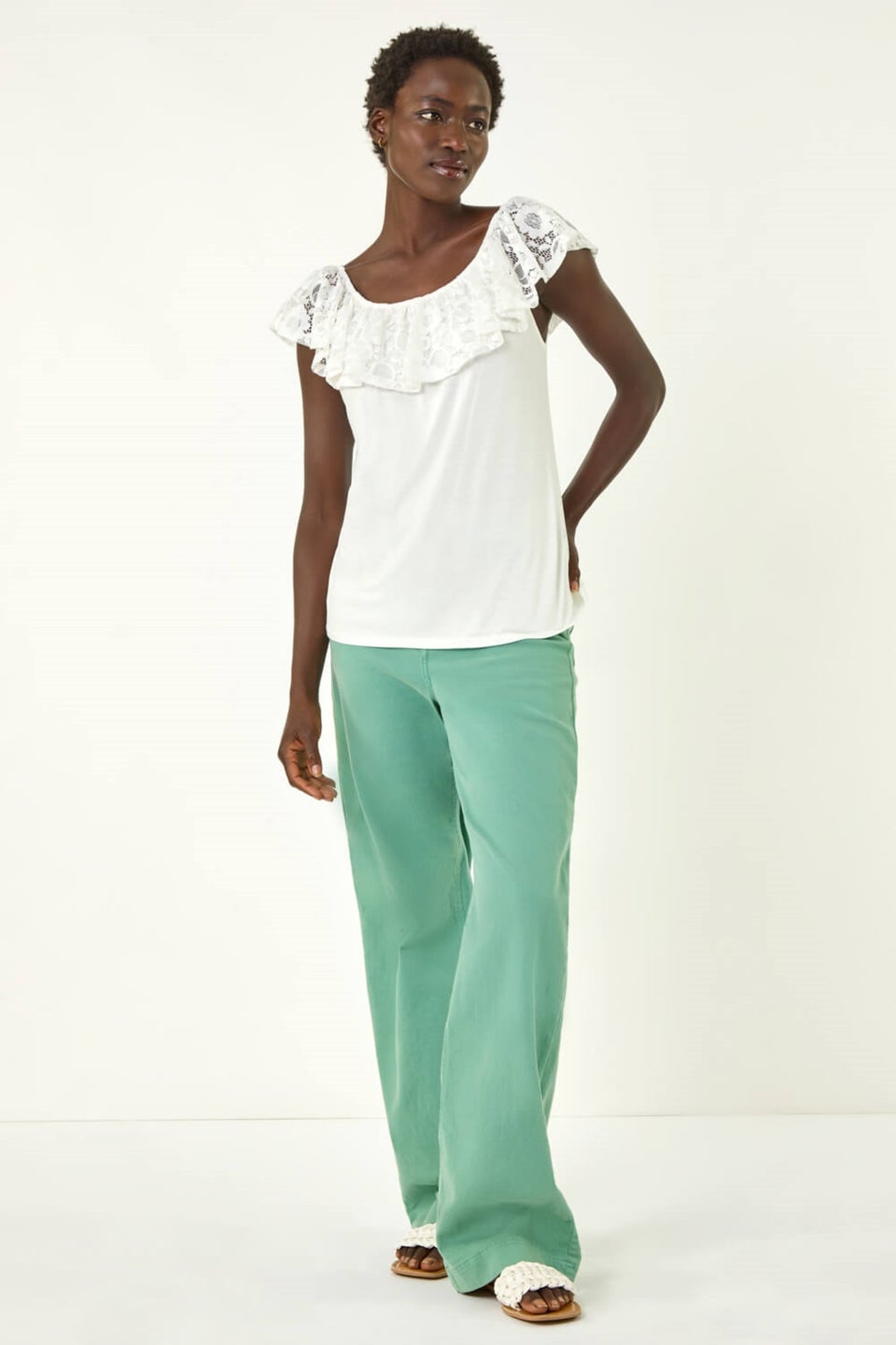 Roman Ivory Lace Trim Bardot Top