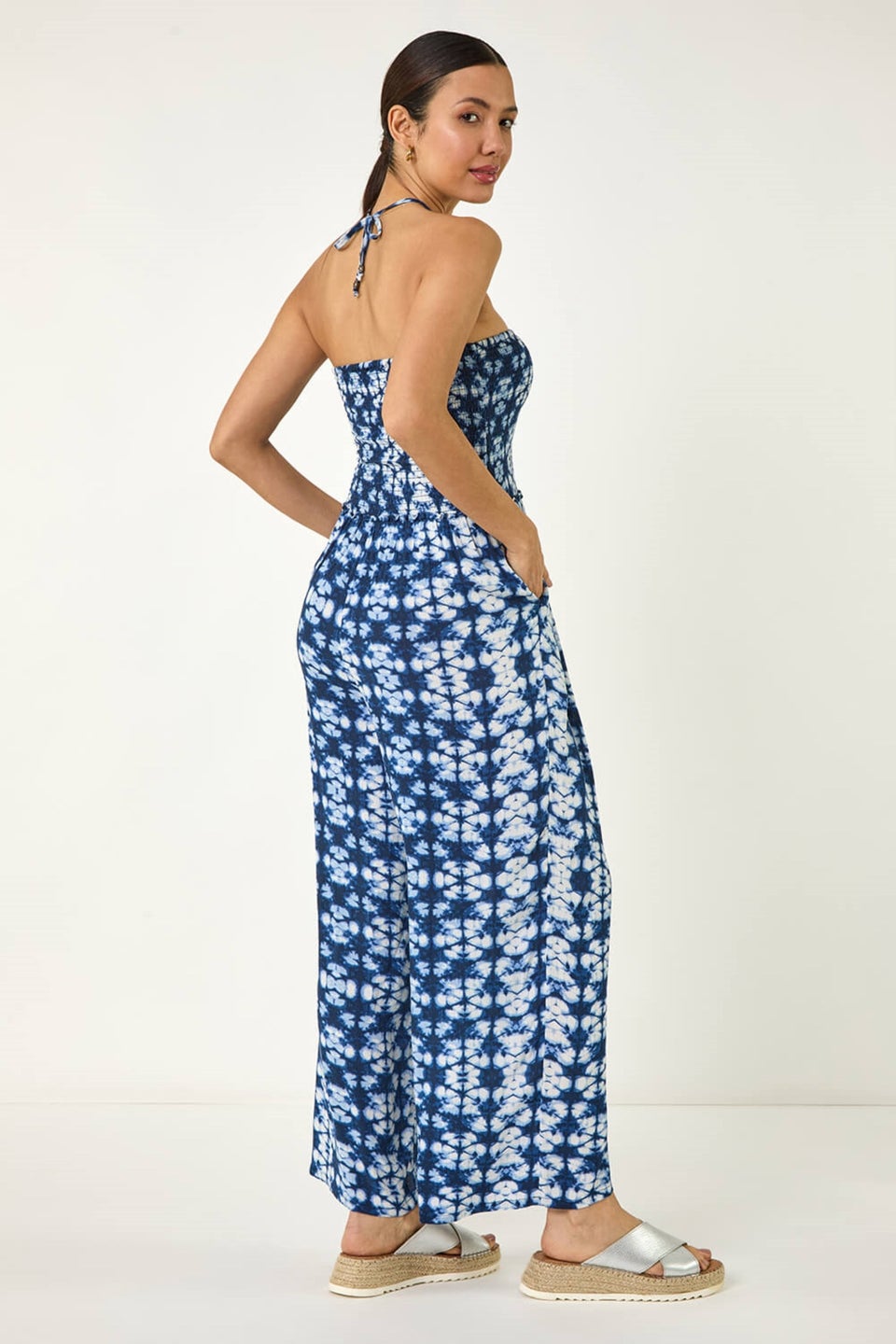 Roman Navy Abstract Shirred Bardot Jumpsuit