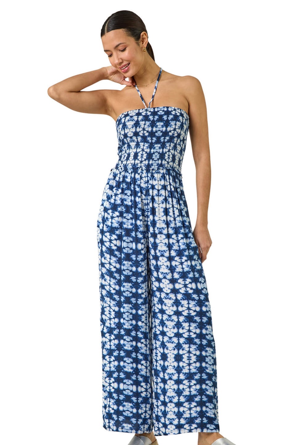 Roman Navy Abstract Shirred Bardot Jumpsuit