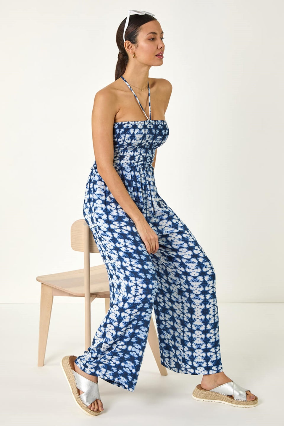 Roman Navy Abstract Shirred Bardot Jumpsuit