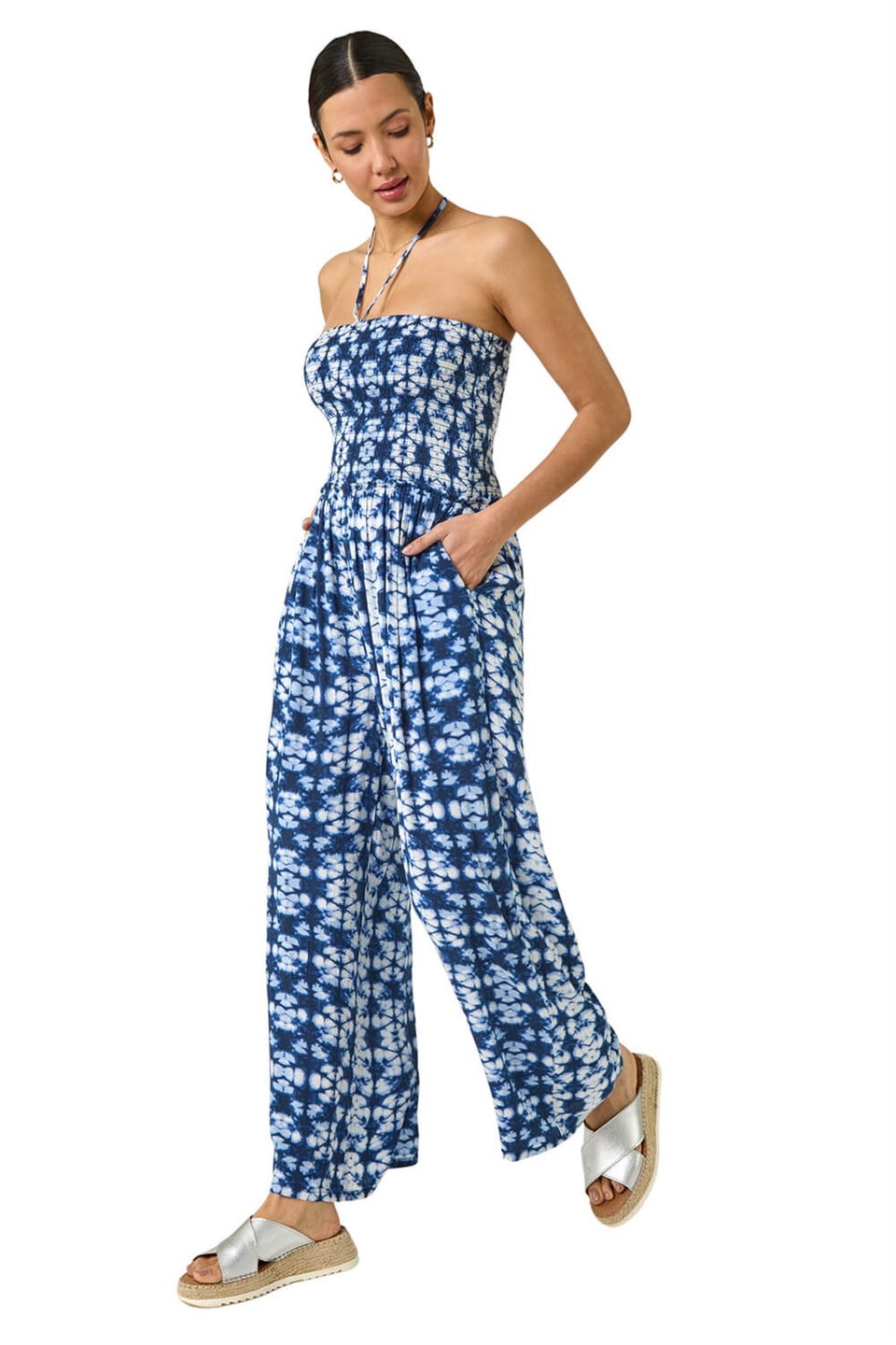 Roman Navy Abstract Shirred Bardot Jumpsuit