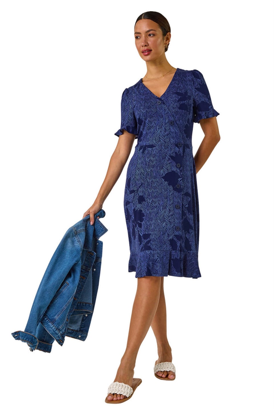Roman Navy Floral Side Button Dress