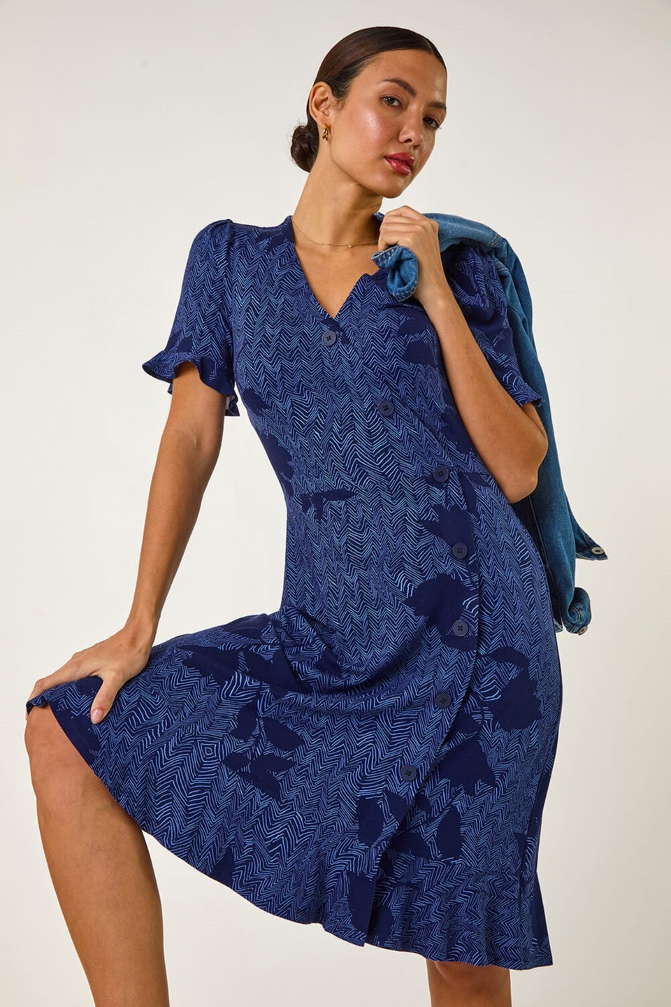 Roman Navy Floral Side Button Dress