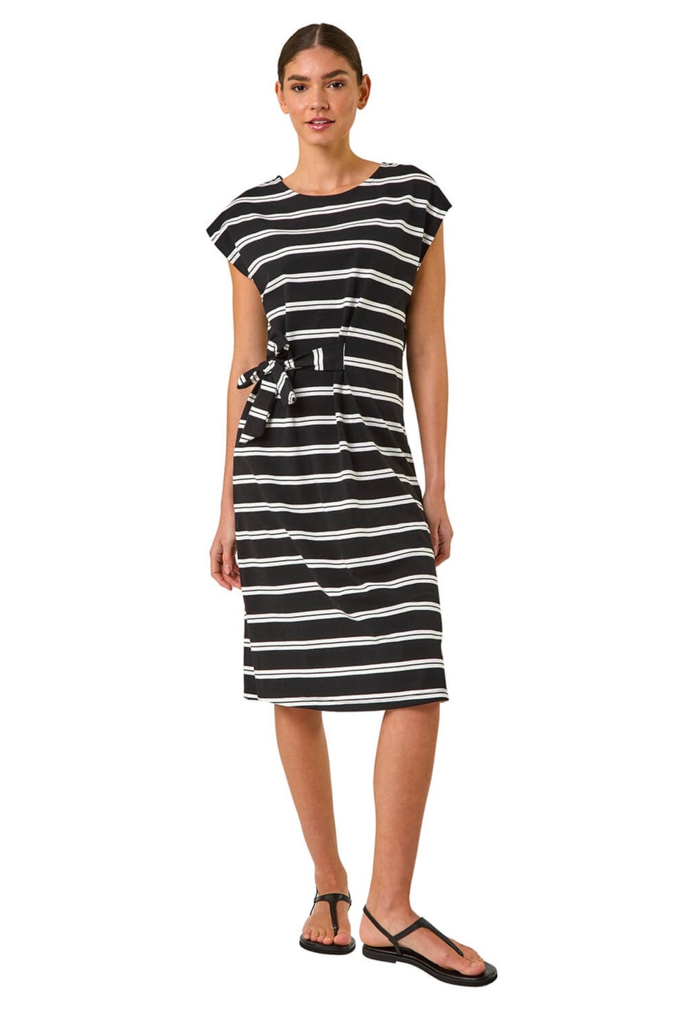 Roman Black Stripe Tie Side Stretch Midi Dress