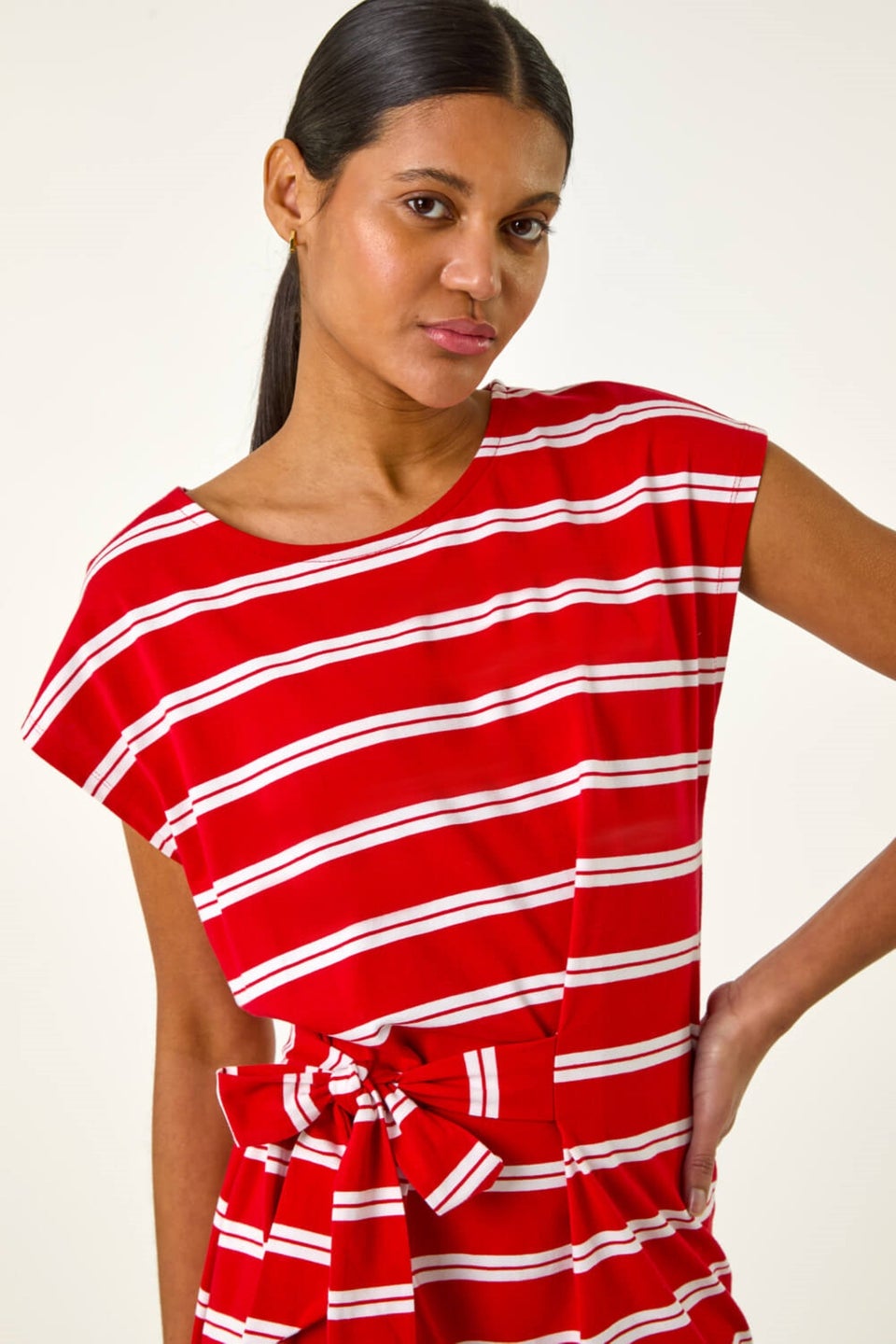 Roman Red Stripe Tie Side Stretch Midi Dress
