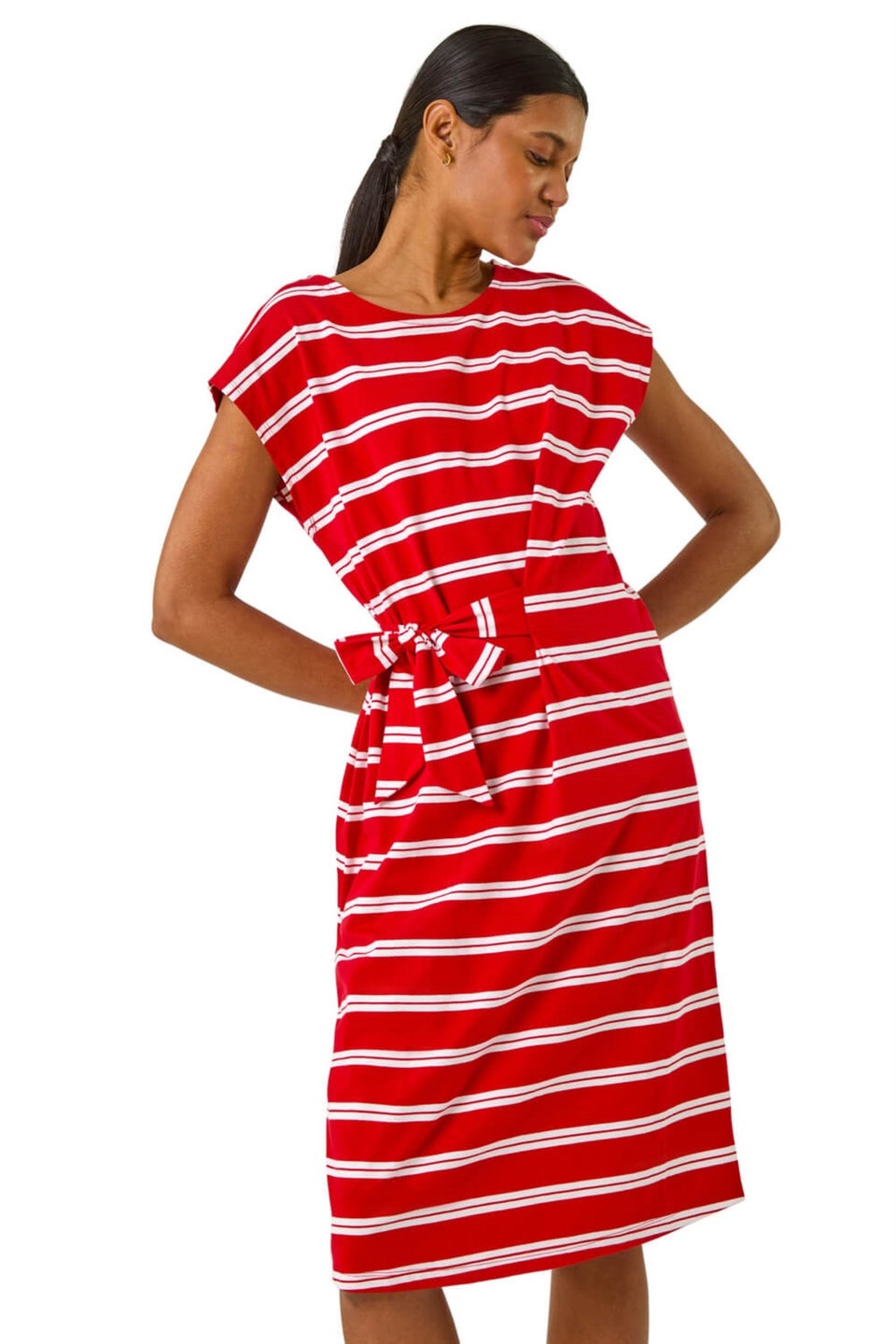 Roman Red Stripe Tie Side Stretch Midi Dress