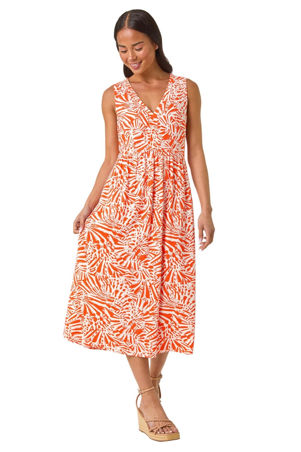 Roman Coral Petite Linen Mix Midi Dress