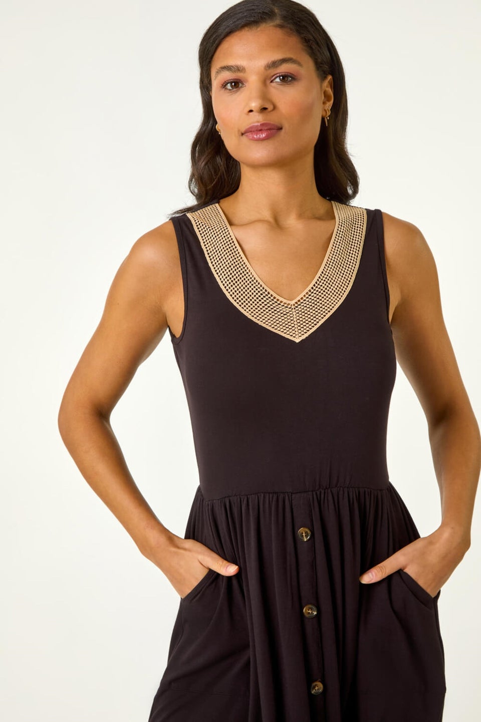 Roman Black Contrast V Neck Stretch Midi Dress