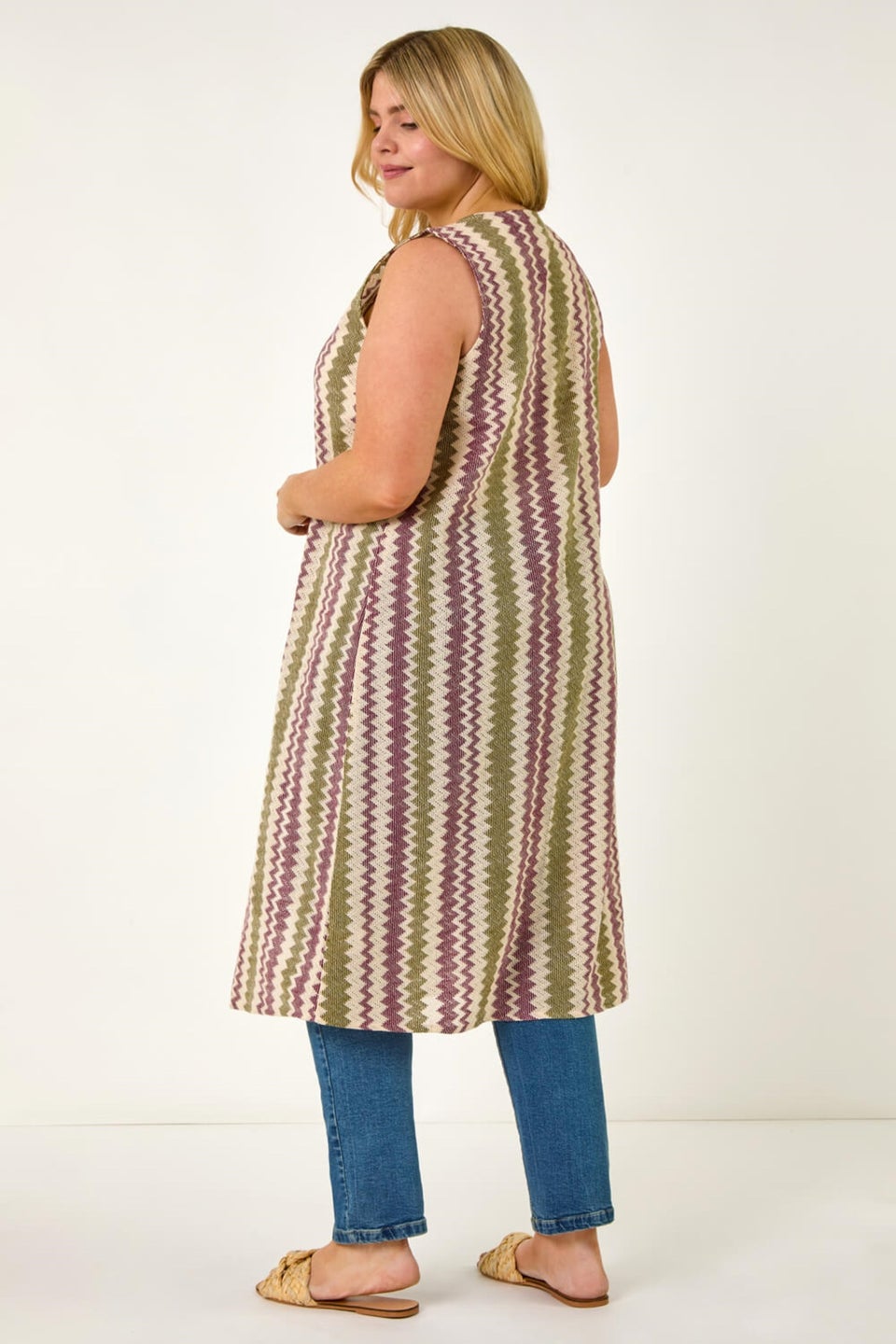 Roman Purple Curve Zig Zag Crochet Longline Waistcoat