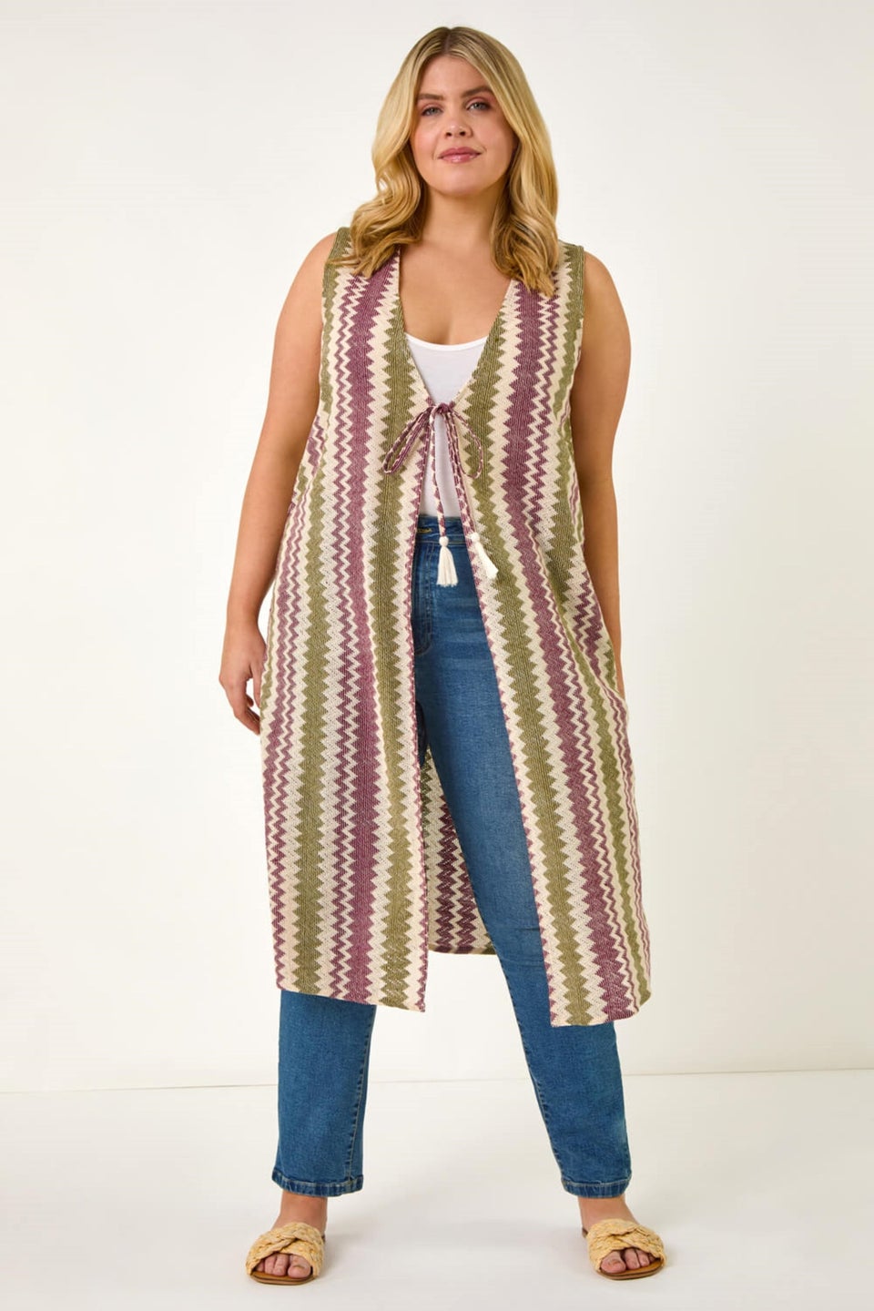 Roman Purple Curve Zig Zag Crochet Longline Waistcoat