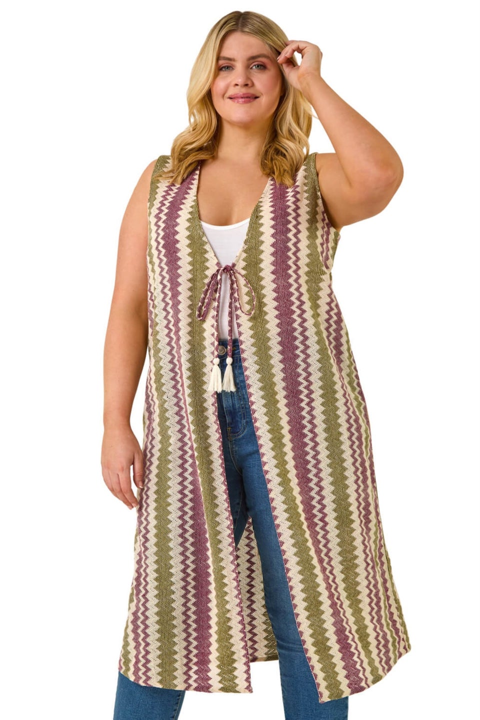 Roman Purple Curve Zig Zag Crochet Longline Waistcoat