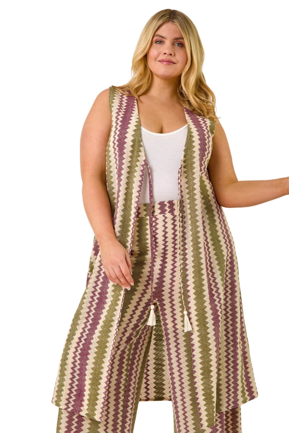 Roman Purple Curve Zig Zag Crochet Longline Waistcoat