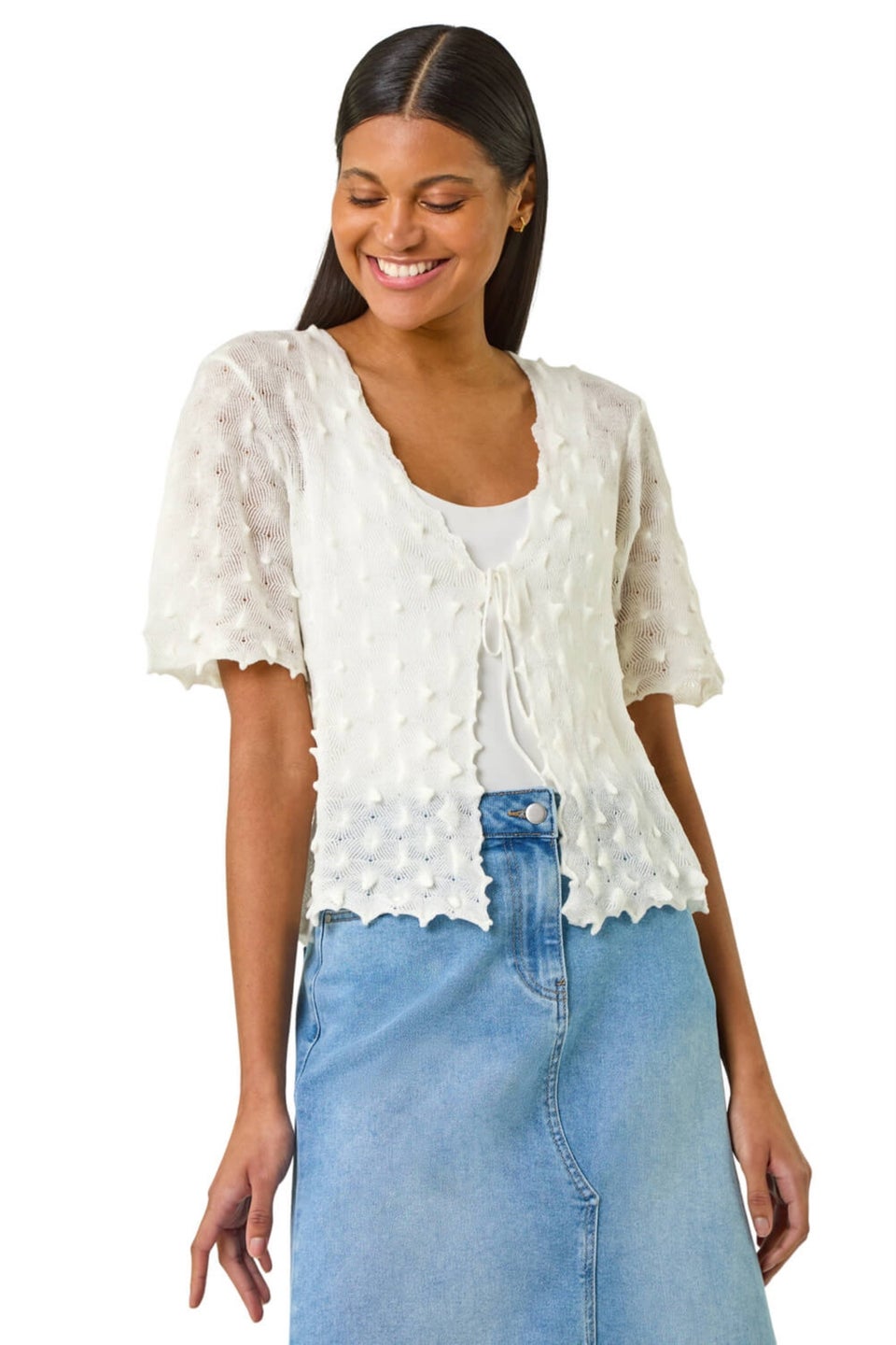 Roman Ivory Textured Tie Front Shrug