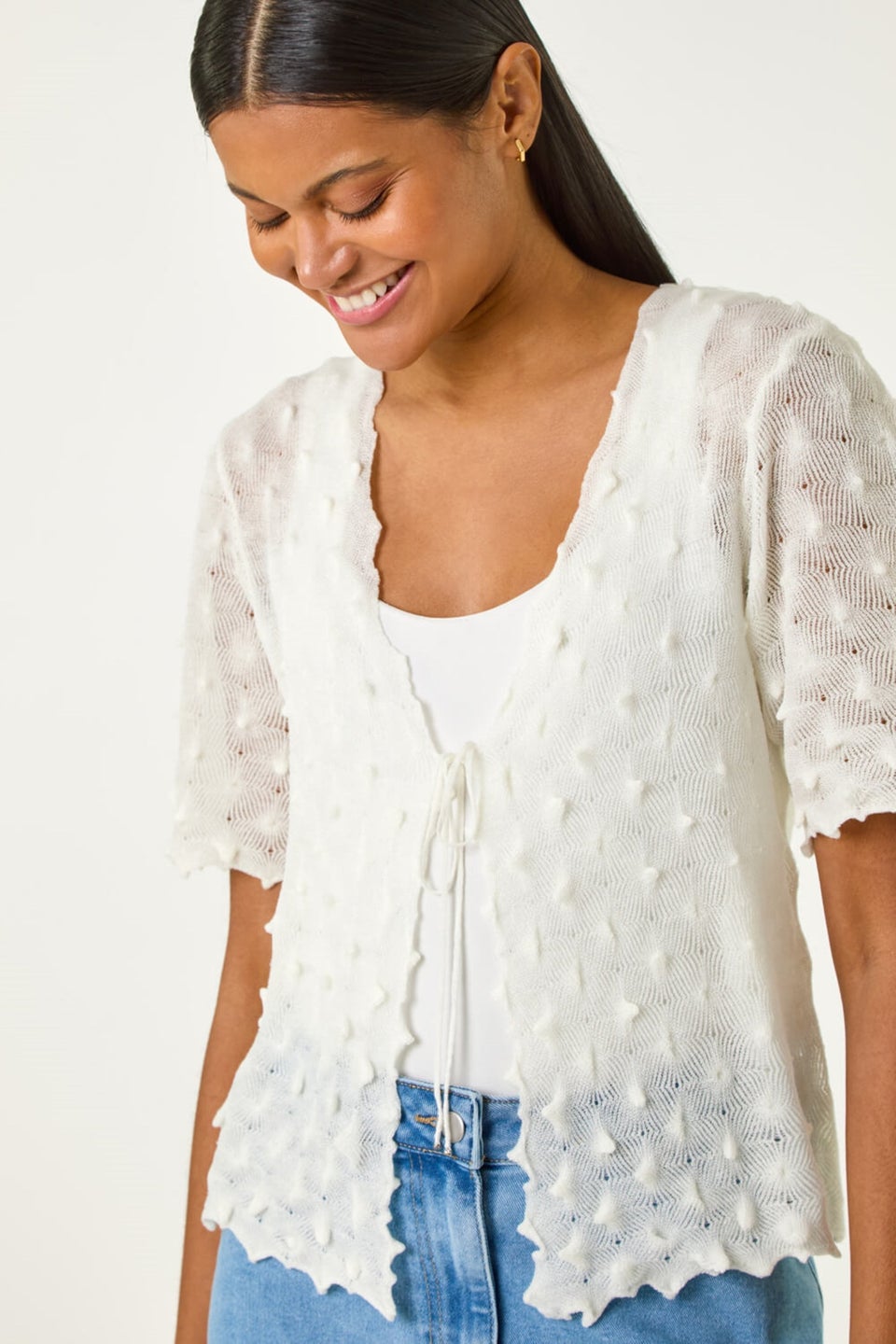 Roman Ivory Textured Tie Front Shrug