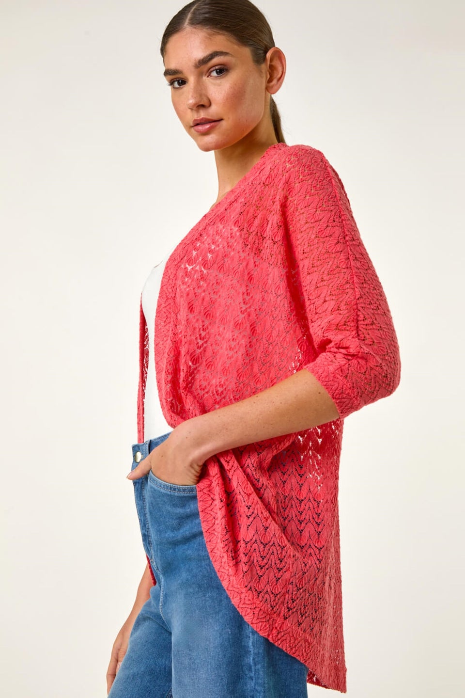 Roman Coral Cotton Crochet Tunic Cardigan