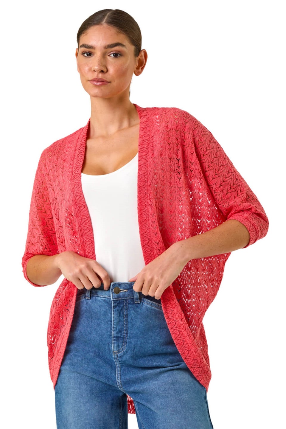 Roman Coral Cotton Crochet Tunic Cardigan