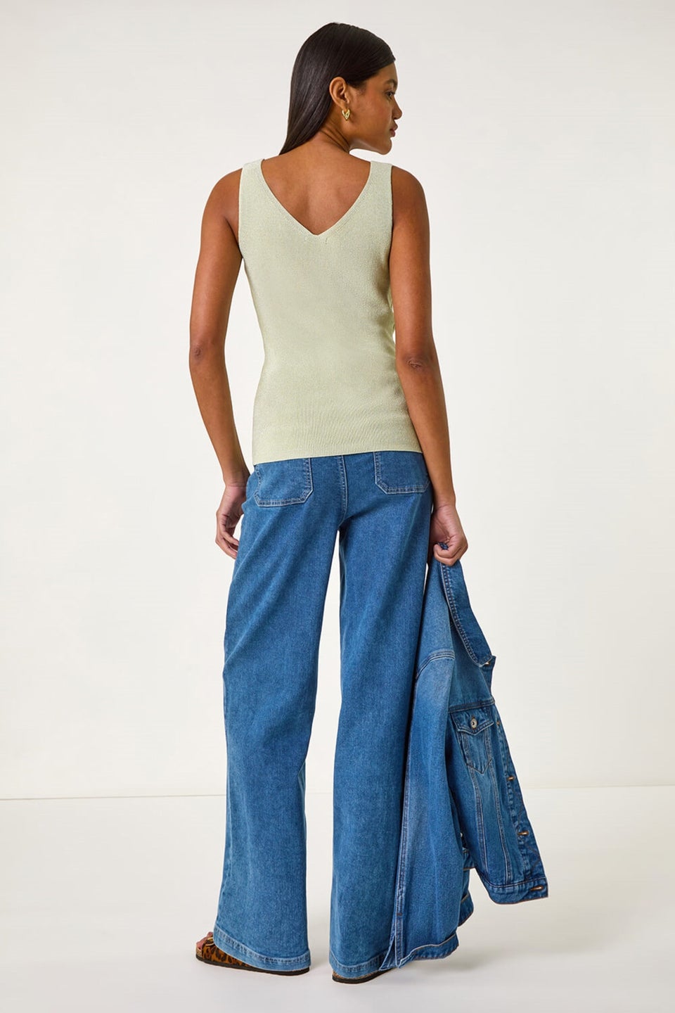 Roman Lime Shimmer V Neck Knitted Vest