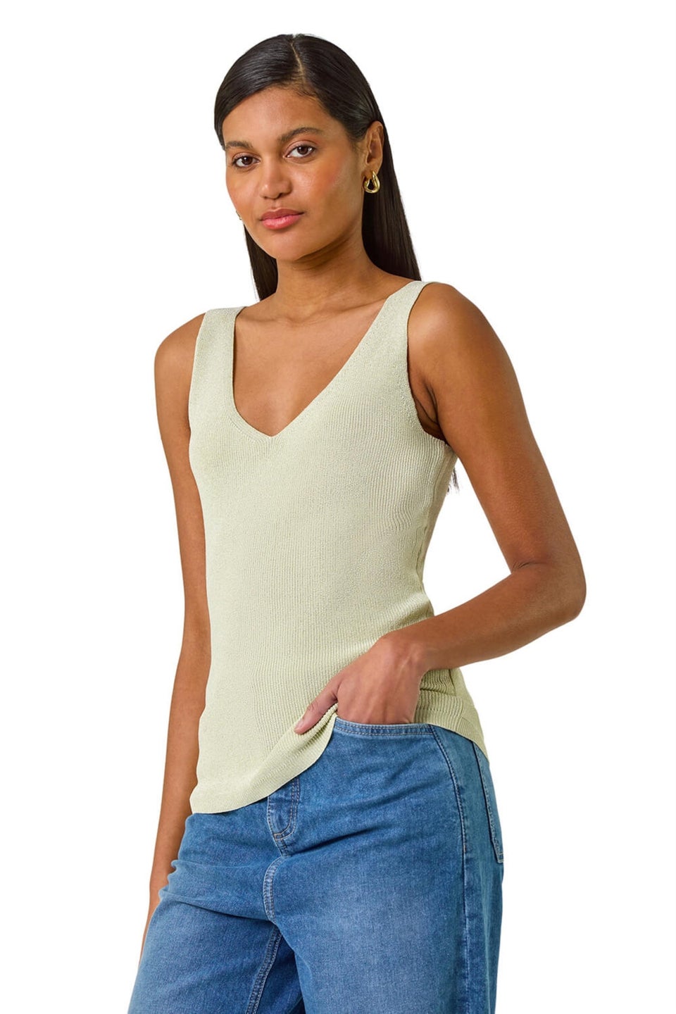 Roman Lime Shimmer V Neck Knitted Vest